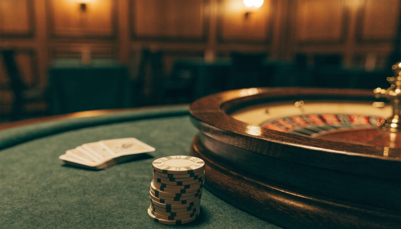 Green casino table with roulette wheel and playing cards on felt